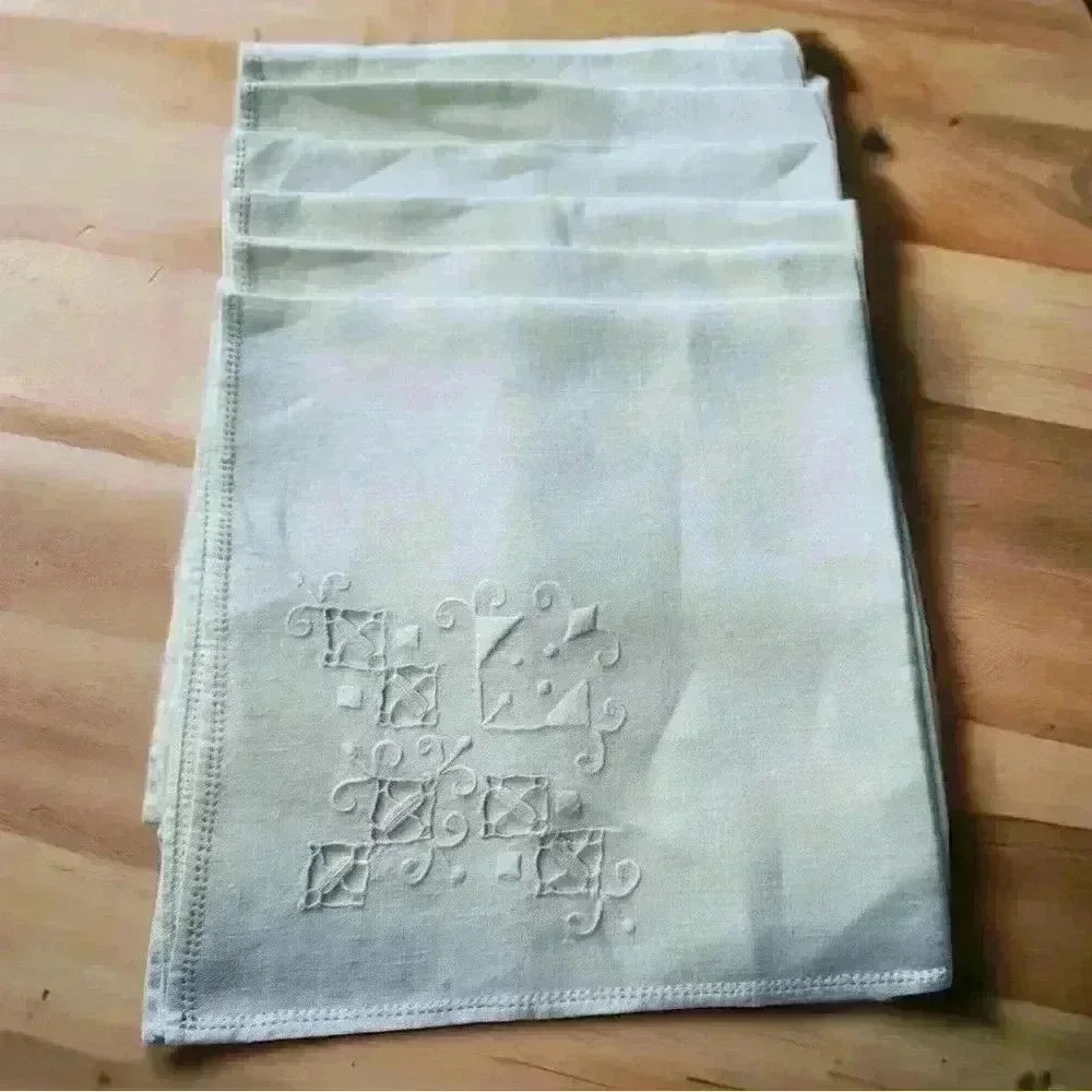Vintage White Linen Napkins Hand Embroidered Cutwork Lace Heirloom Wedding 6 Ct